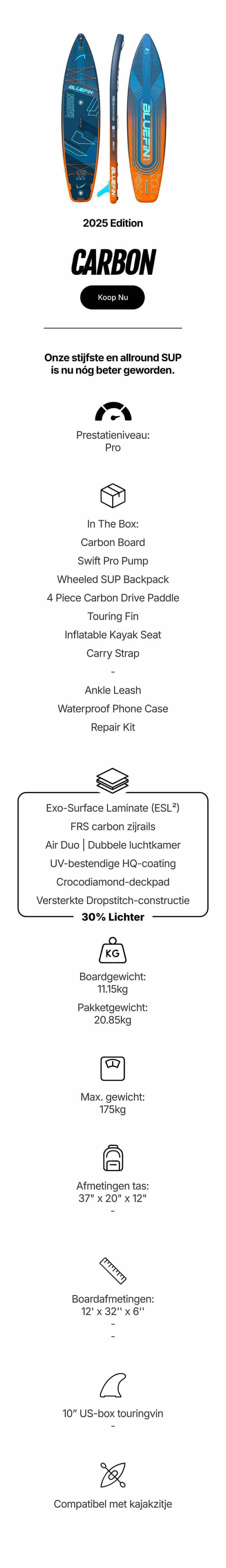 Inflatable paddleboard with blue and orange design, center fin, and textured deck pad for stability