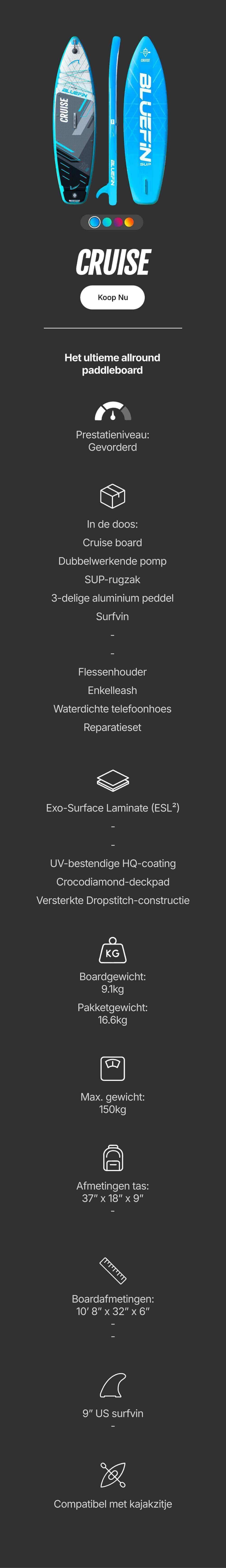 Inflatable paddleboard with blue and black design, textured deck pad, and center fin for stability