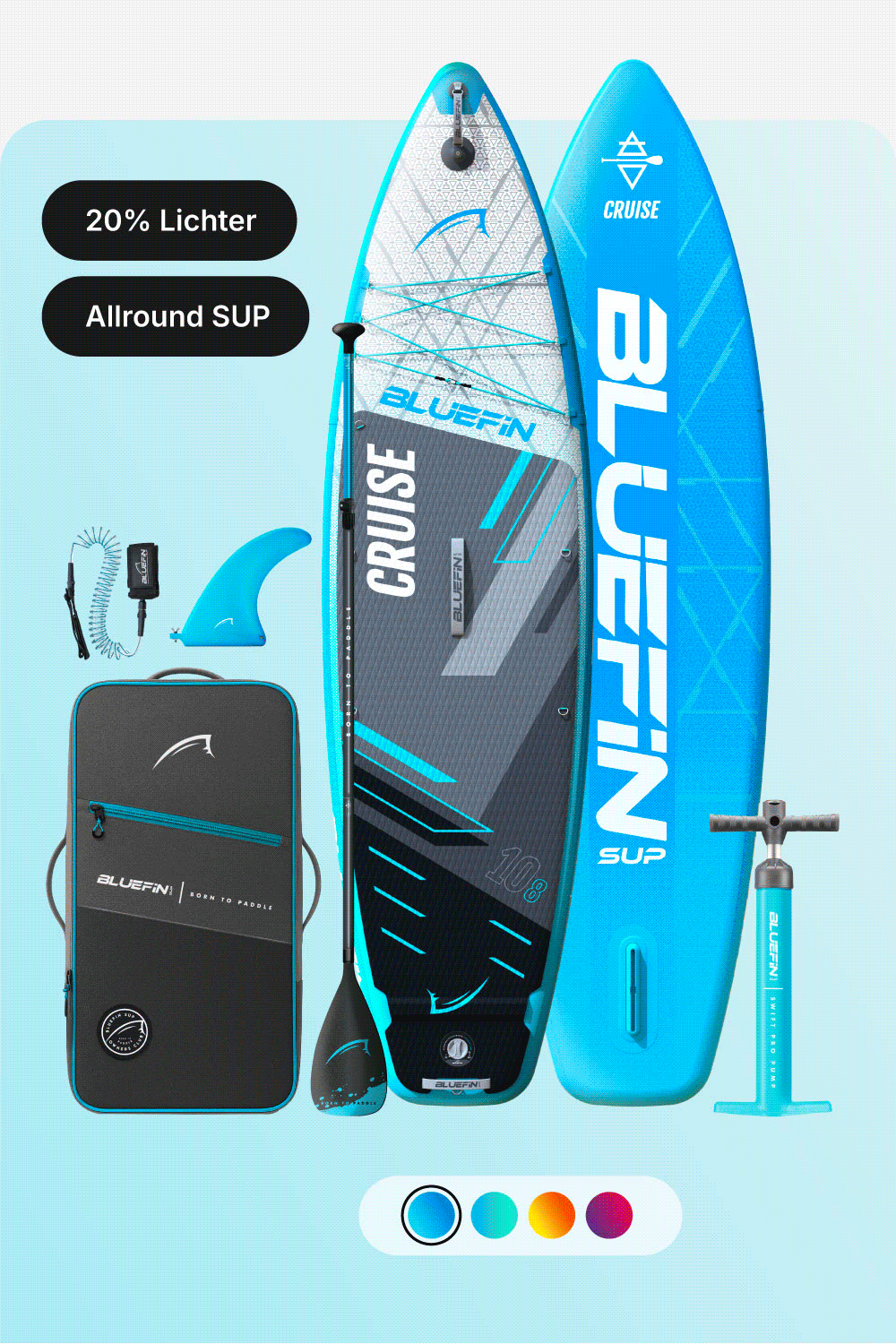 Inflatable Bluefin SUP with textured deck, paddle, fin, pump, and carrying bag in blue and gray colors