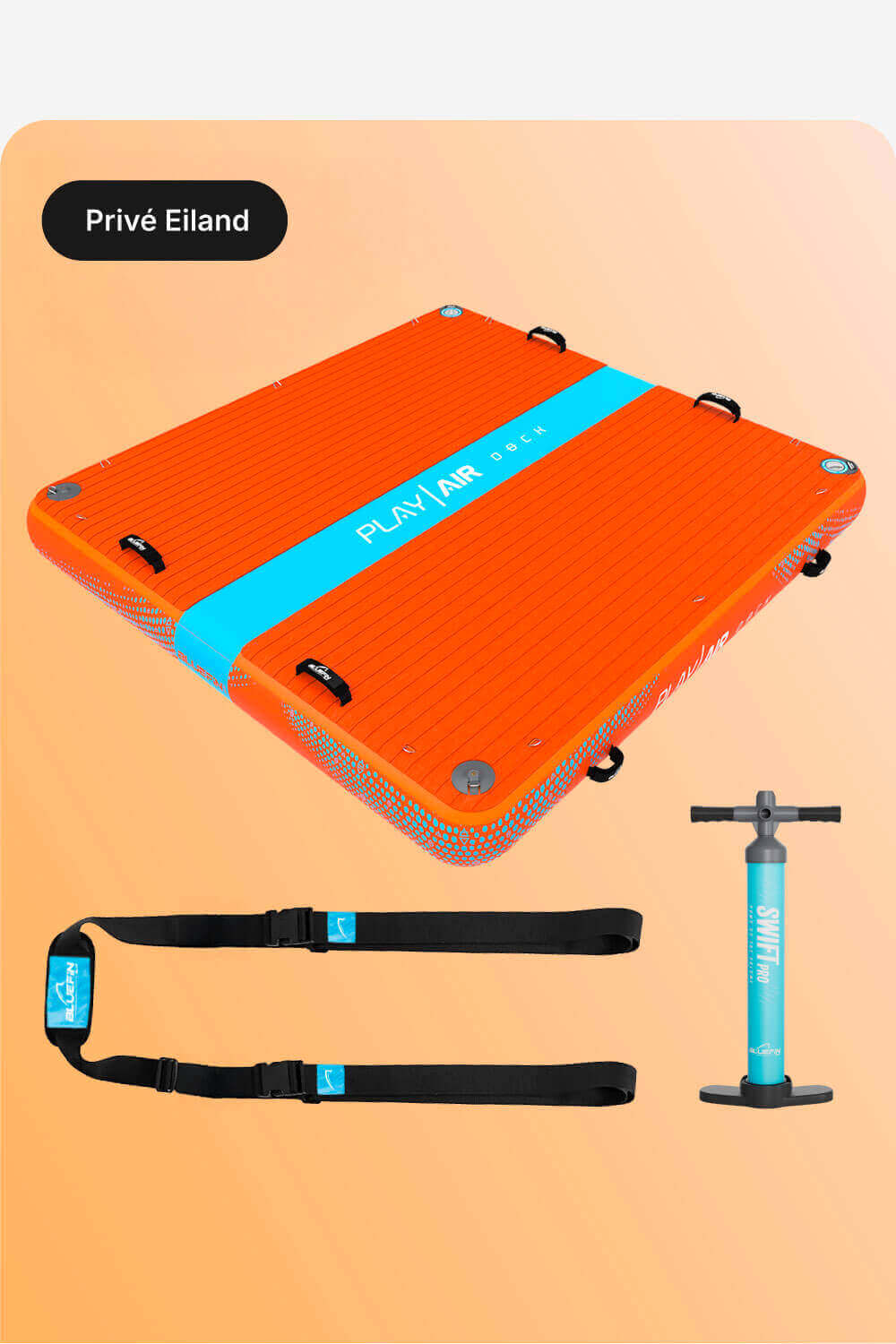 Orange inflatable deck with blue stripe, straps, and pump for water activities