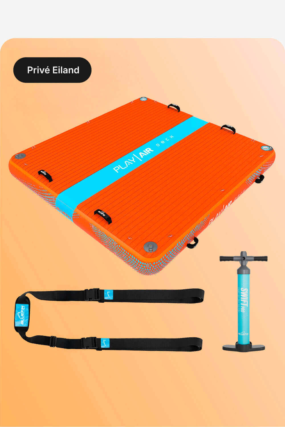 Orange inflatable deck with blue stripe, straps, and pump for water activities