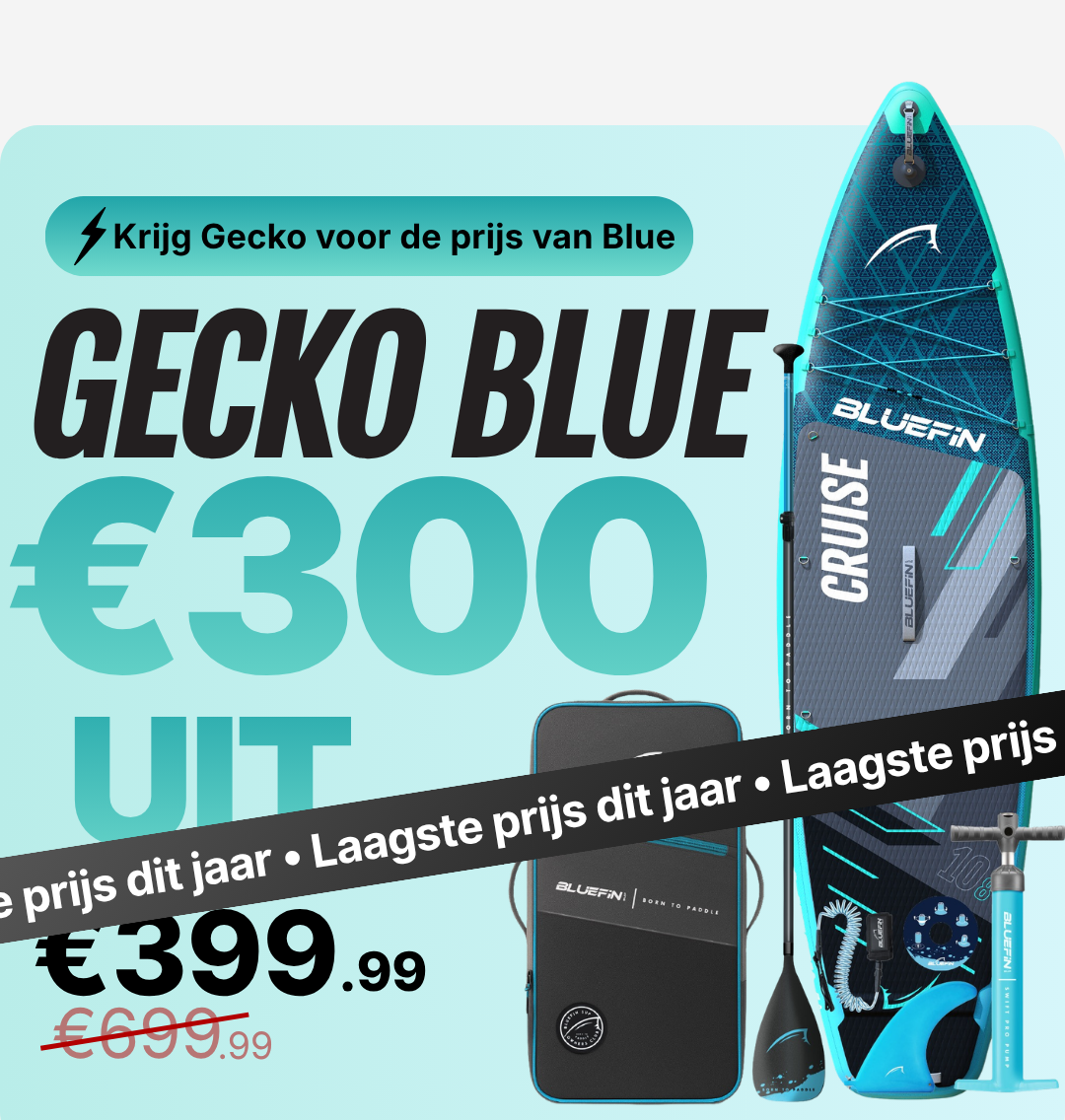 Inflatable paddleboard in blue with textured deck, paddle, and carry bag, marked down to €300