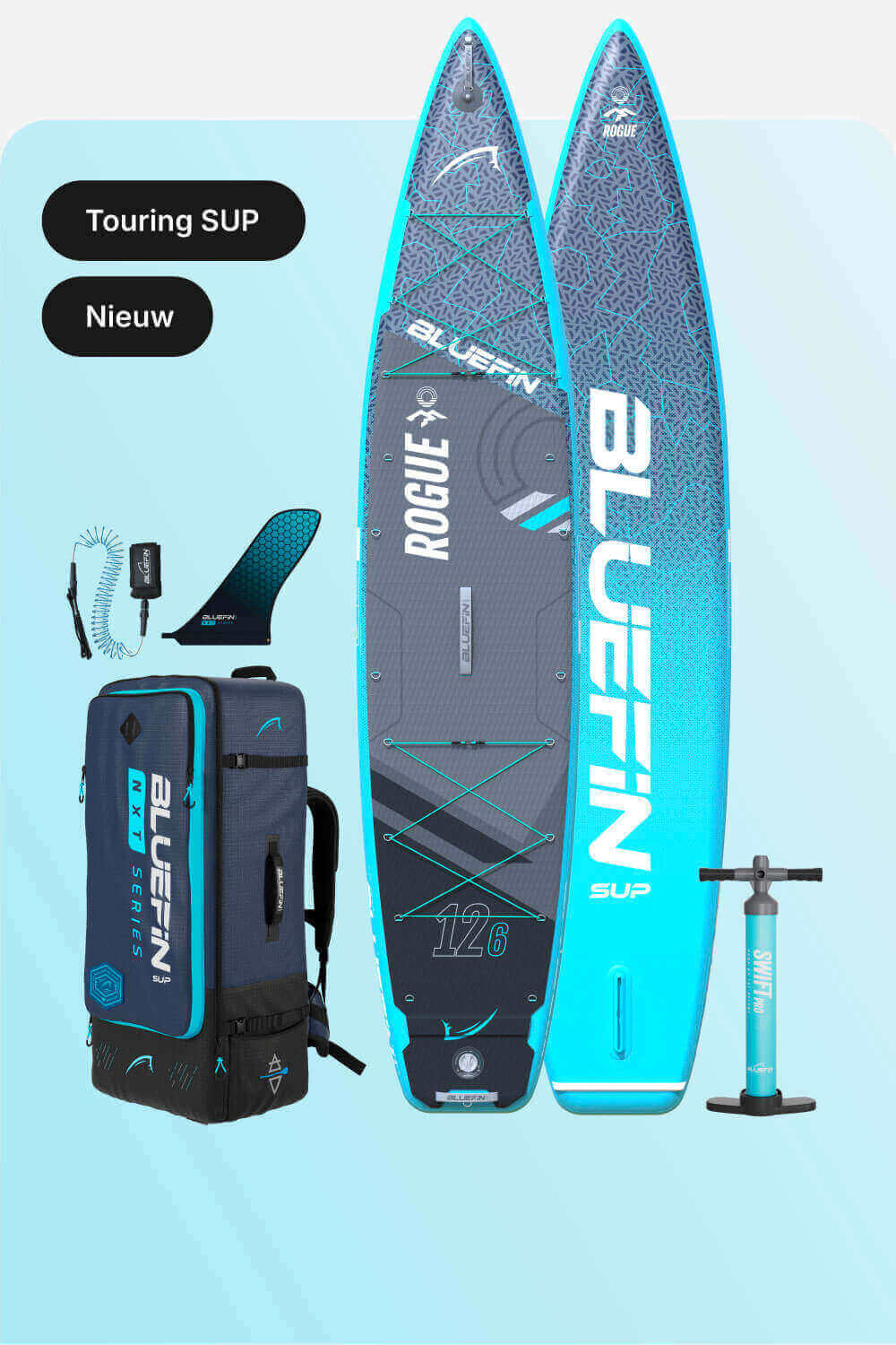 Inflatable touring paddleboard with blue design, backpack, fin, and pump for easy transport