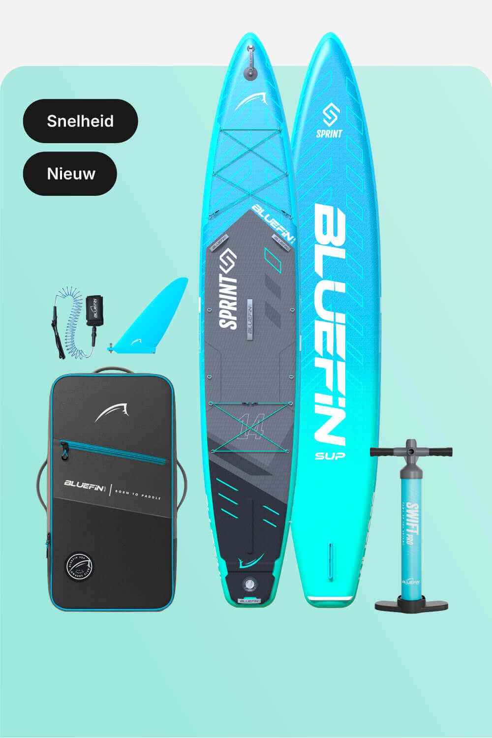 Inflatable paddleboard in blue with center fin, carrying bag, and pump for easy transport