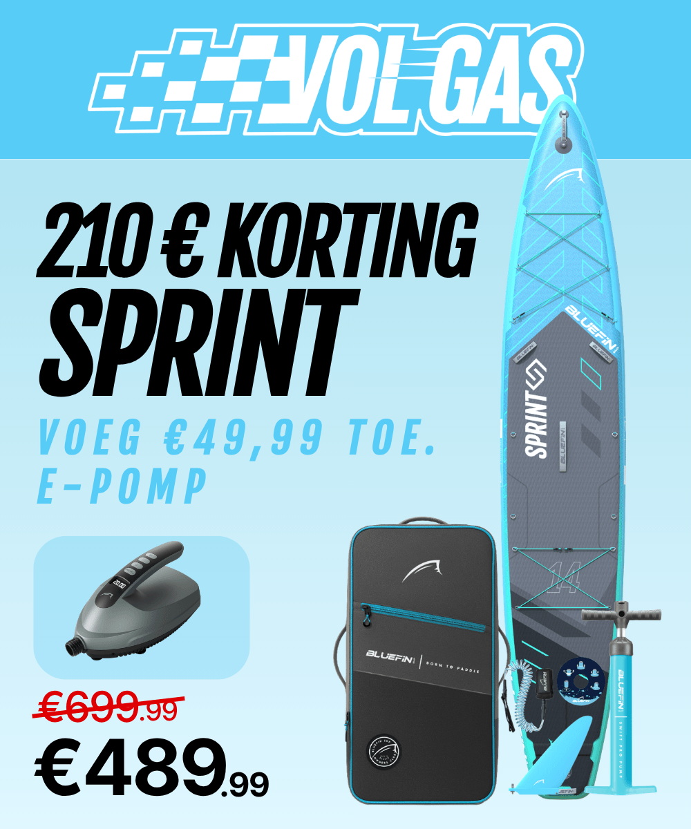 Inflatable paddleboard with blue and gray design, pump, and carrying bag, showcasing price discount.