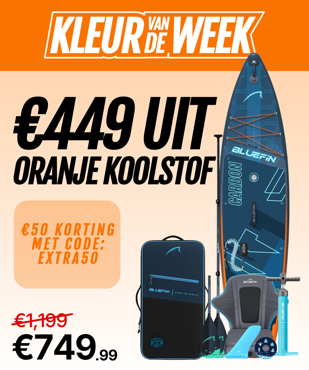 Inflatable paddleboard with blue design, paddle, backpack, and pump, priced at €749.99