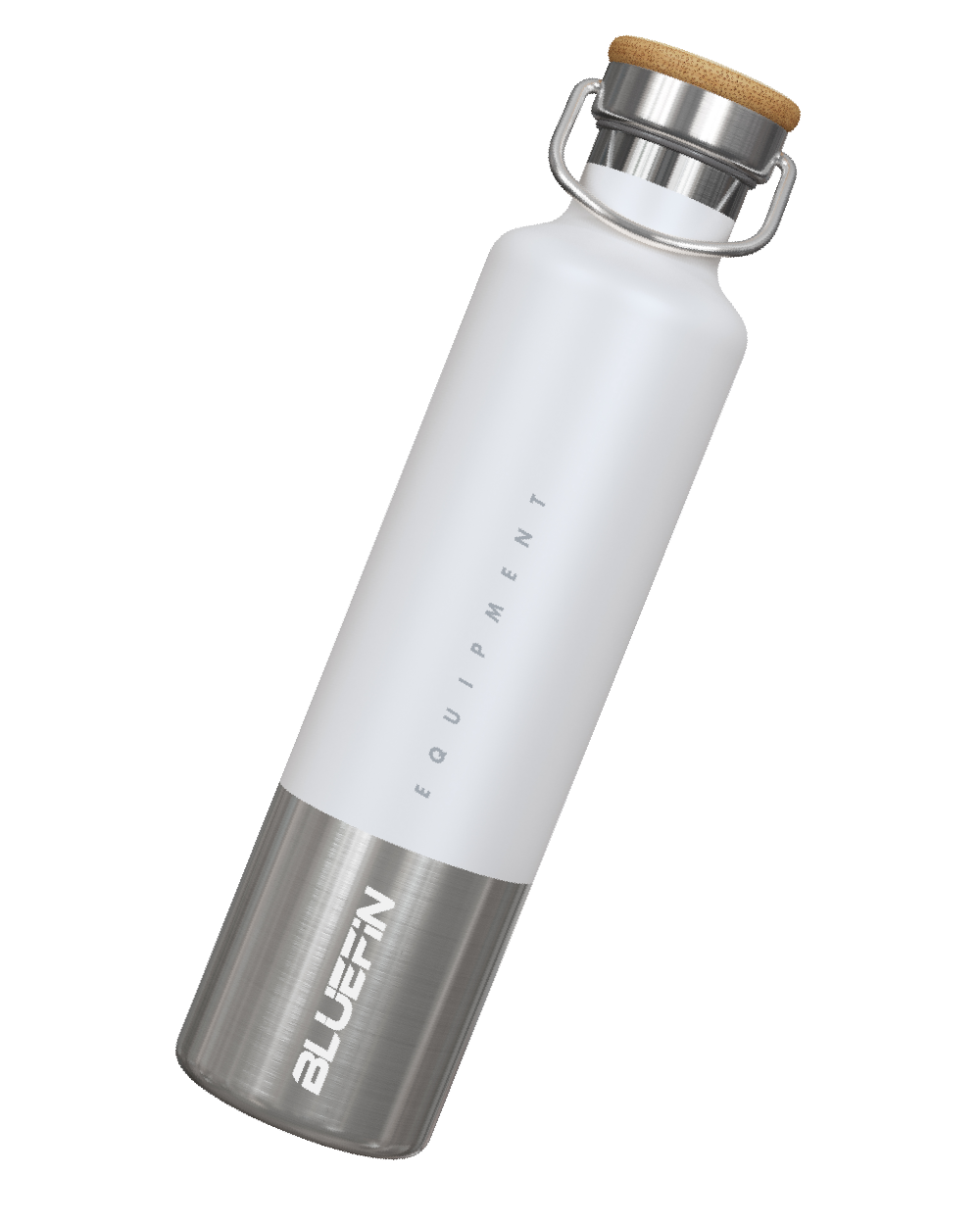 Stainless steel water bottle with white body, cork lid, and engraved BLUEFIN logo