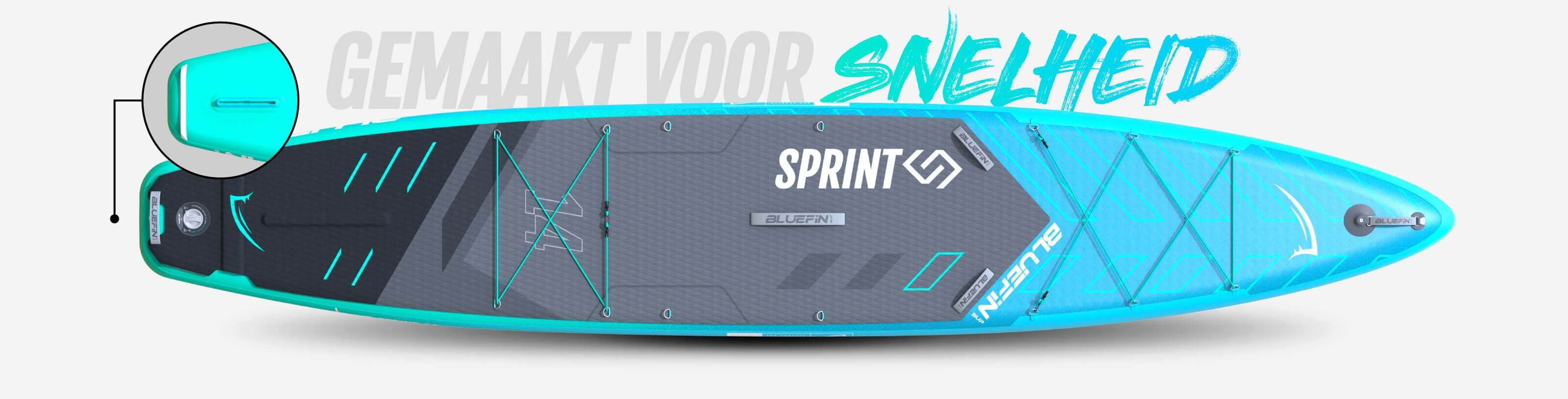 Inflatable paddleboard in turquoise with textured deck, center fin, and bungee storage system
