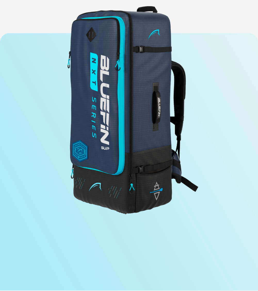 Bluefin SUP NXT Series backpack in navy and turquoise with adjustable straps and multiple compartments