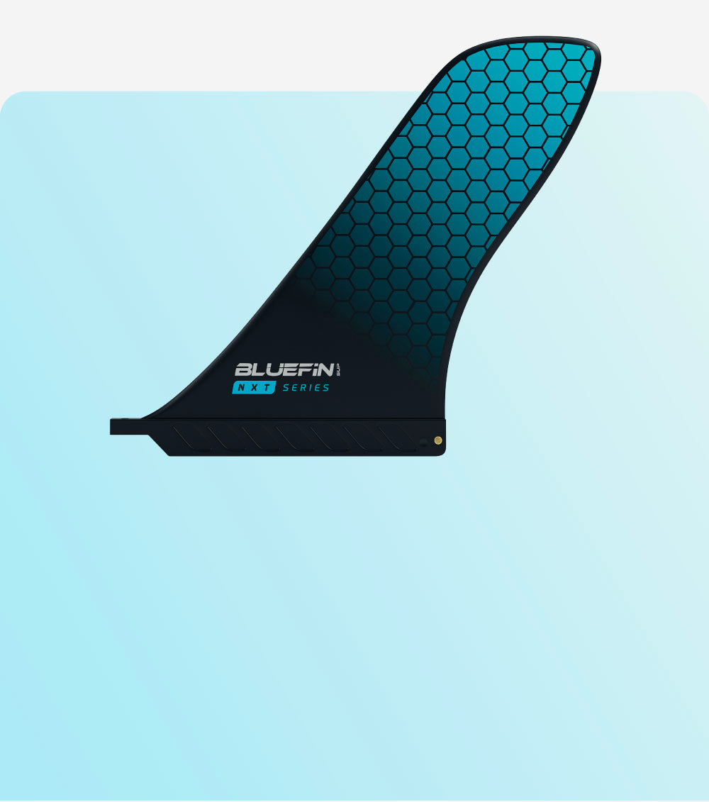 Bluefin NXT Series fin with a honeycomb pattern and logo on a light blue background