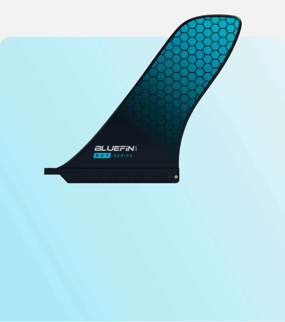 Bluefin NXT Series fin with a honeycomb pattern and logo on a light blue background