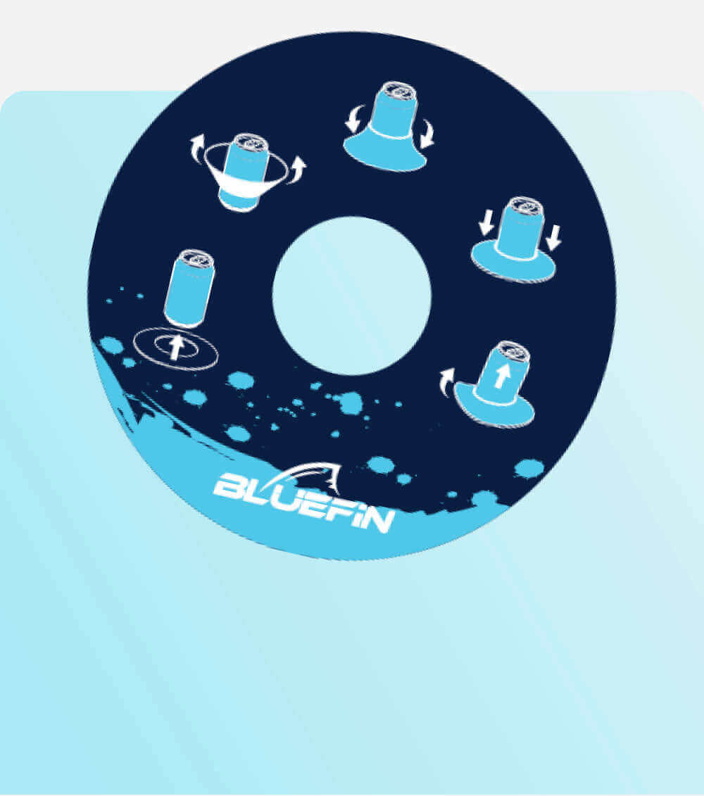 Circular diagram showing five different paddleboard maneuvers with arrows and a blue background