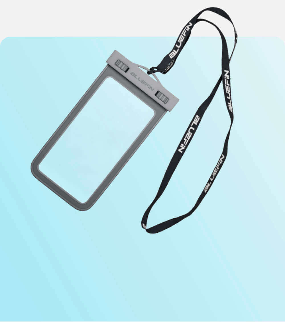 Clear waterproof phone case with gray edges and a black lanyard, suitable for outdoor activities.