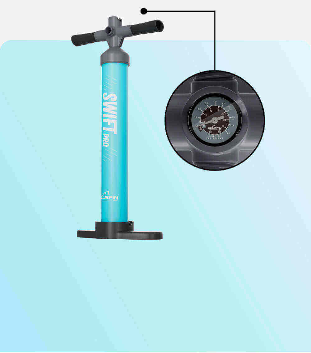 Bluefin SWIFT PRO hand pump in turquoise with pressure gauge and black base for inflating paddleboards.