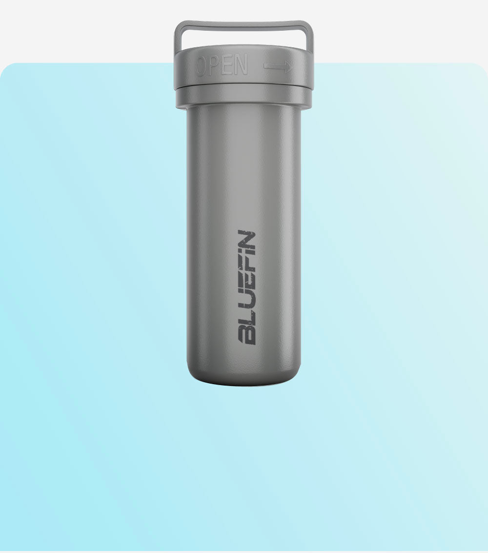 Gray waterproof container with an open lid, featuring the Bluefin logo on the side.