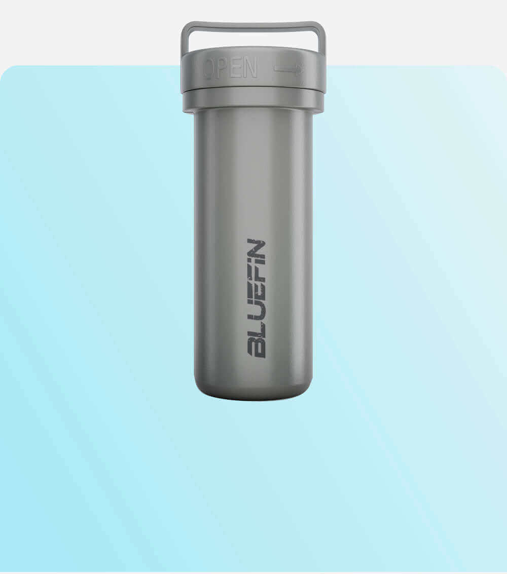Gray waterproof container with an open lid, featuring the Bluefin logo on the side.
