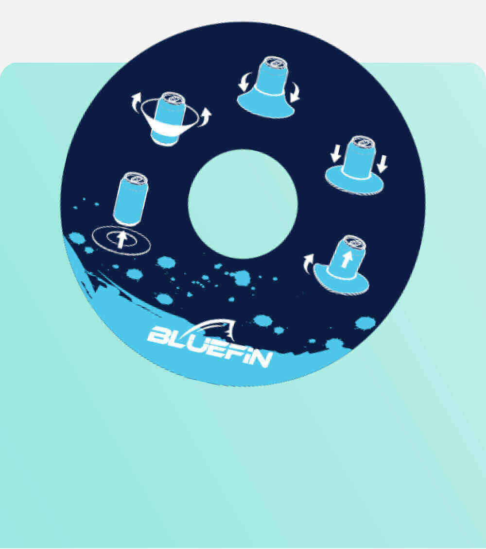 Round Bluefin product with instructions for use, showing various directional movements and a central hole.