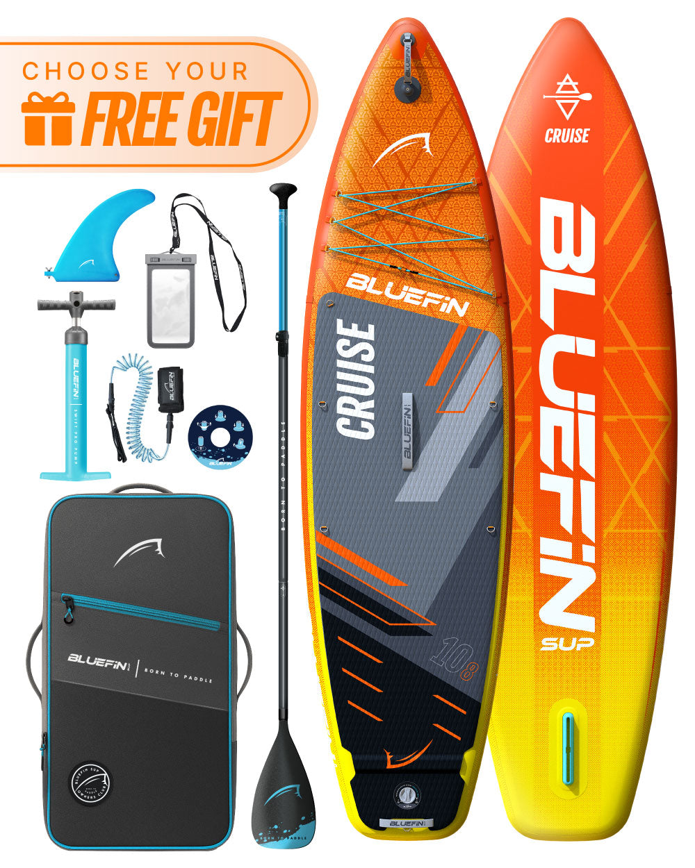 Inflatable paddleboard with orange and gray design, paddle, fin, pump, and accessories in a carrying bag.