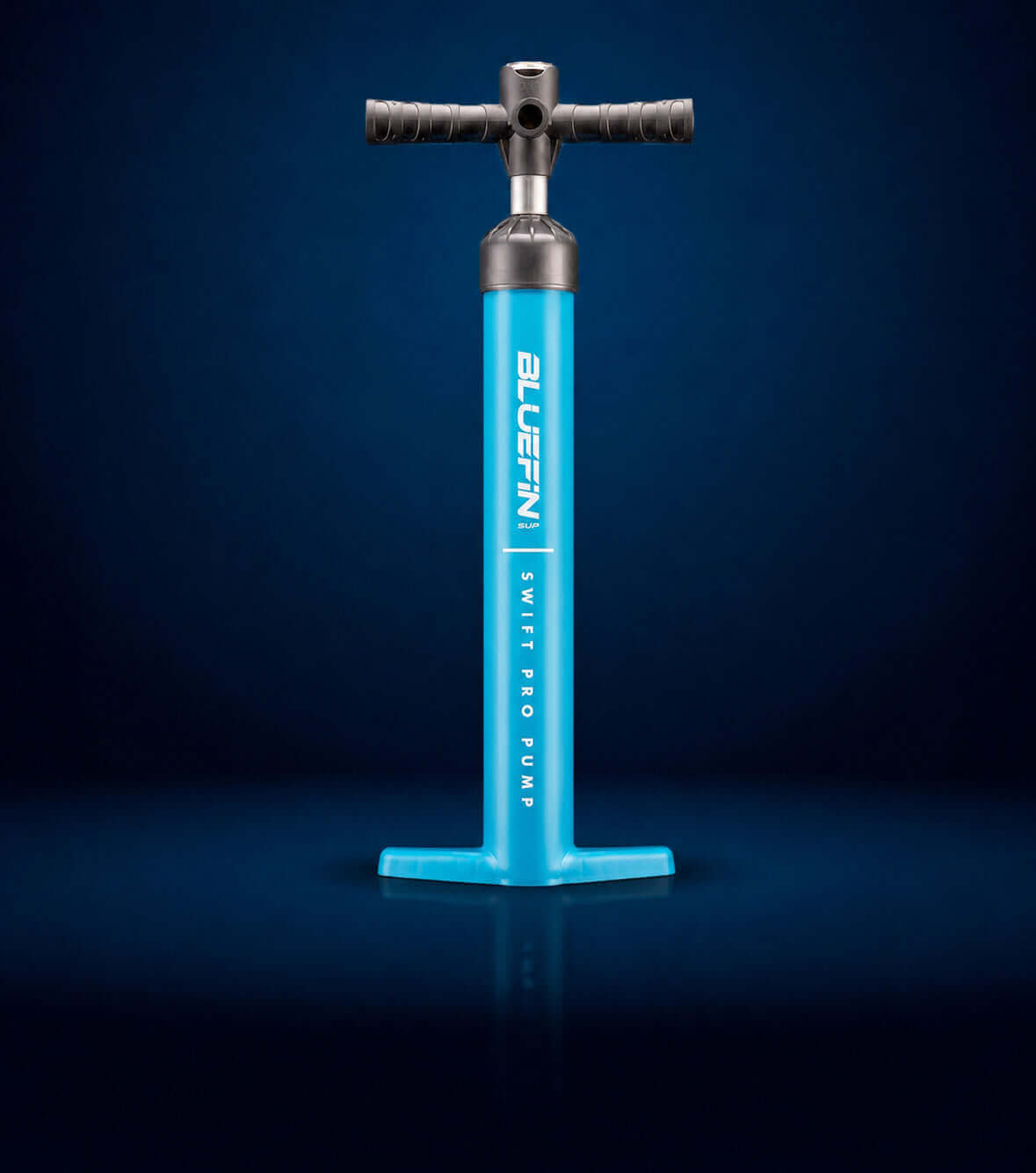 Bluefin Swift Pro Pump in bright blue with a T-shaped handle and base on a dark background