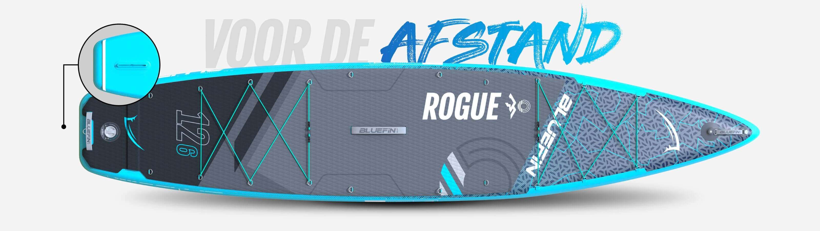 Inflatable paddleboard with blue accents, textured deck pad, and center fin for stability