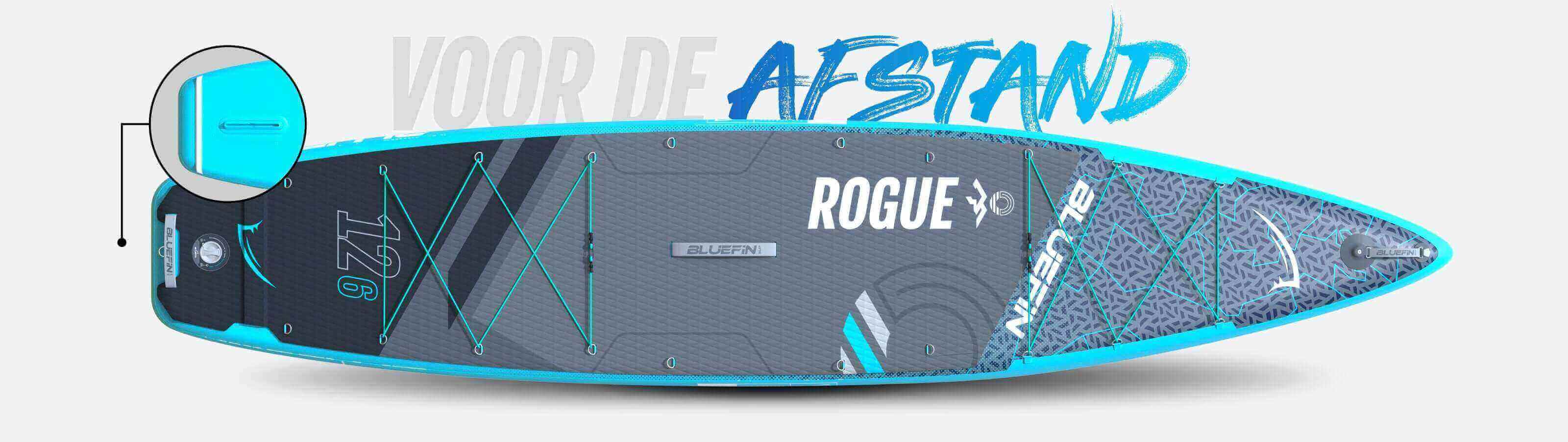 Inflatable paddleboard with blue accents, textured deck pad, and center fin for stability