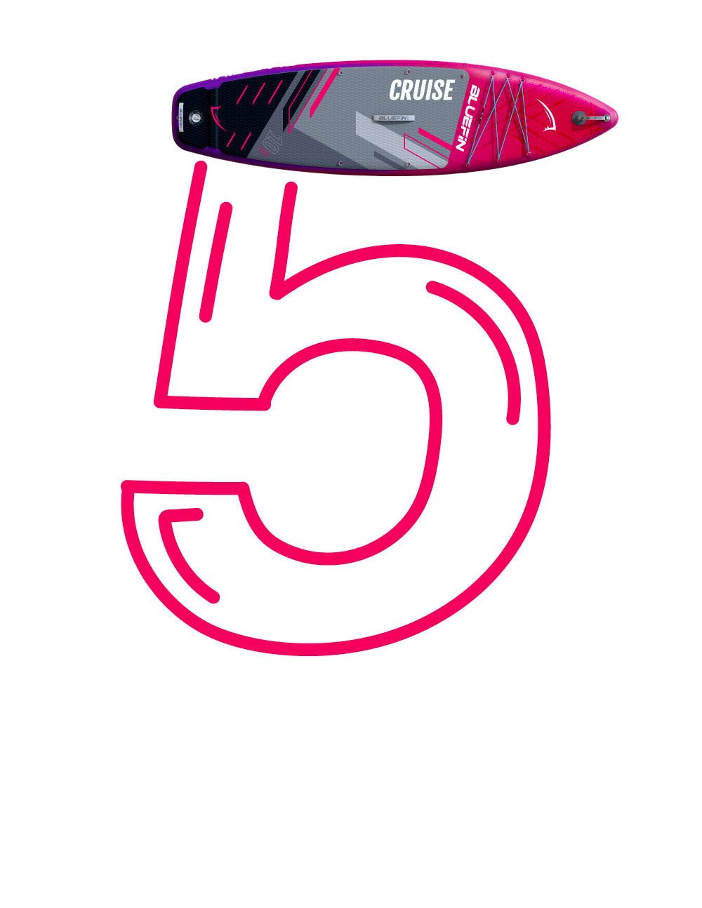 Inflatable paddleboard with a pink and gray design, featuring a large number 5 in pink.