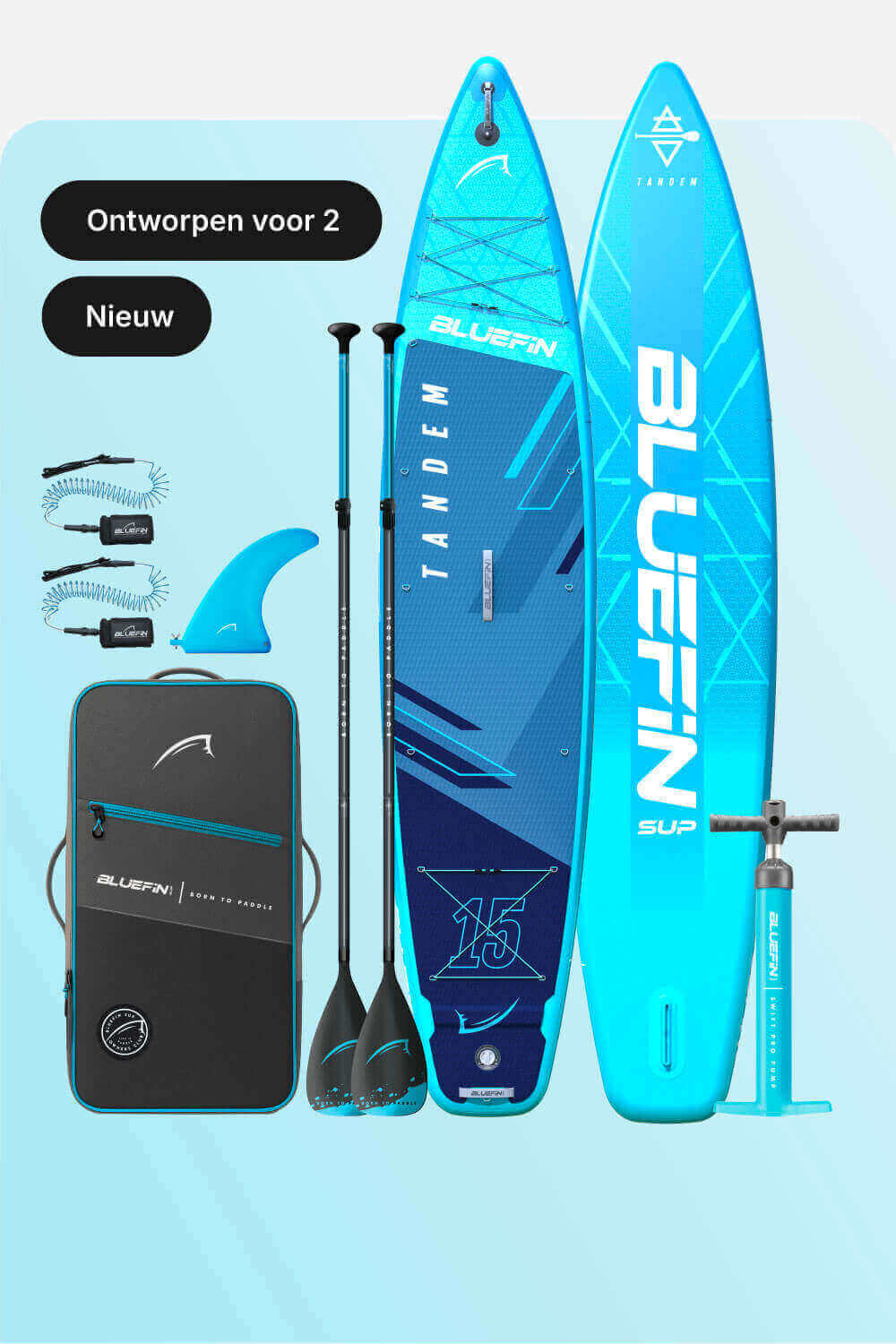 Inflatable tandem paddleboard in blue with two paddles, fin, pump, and carrying bag.