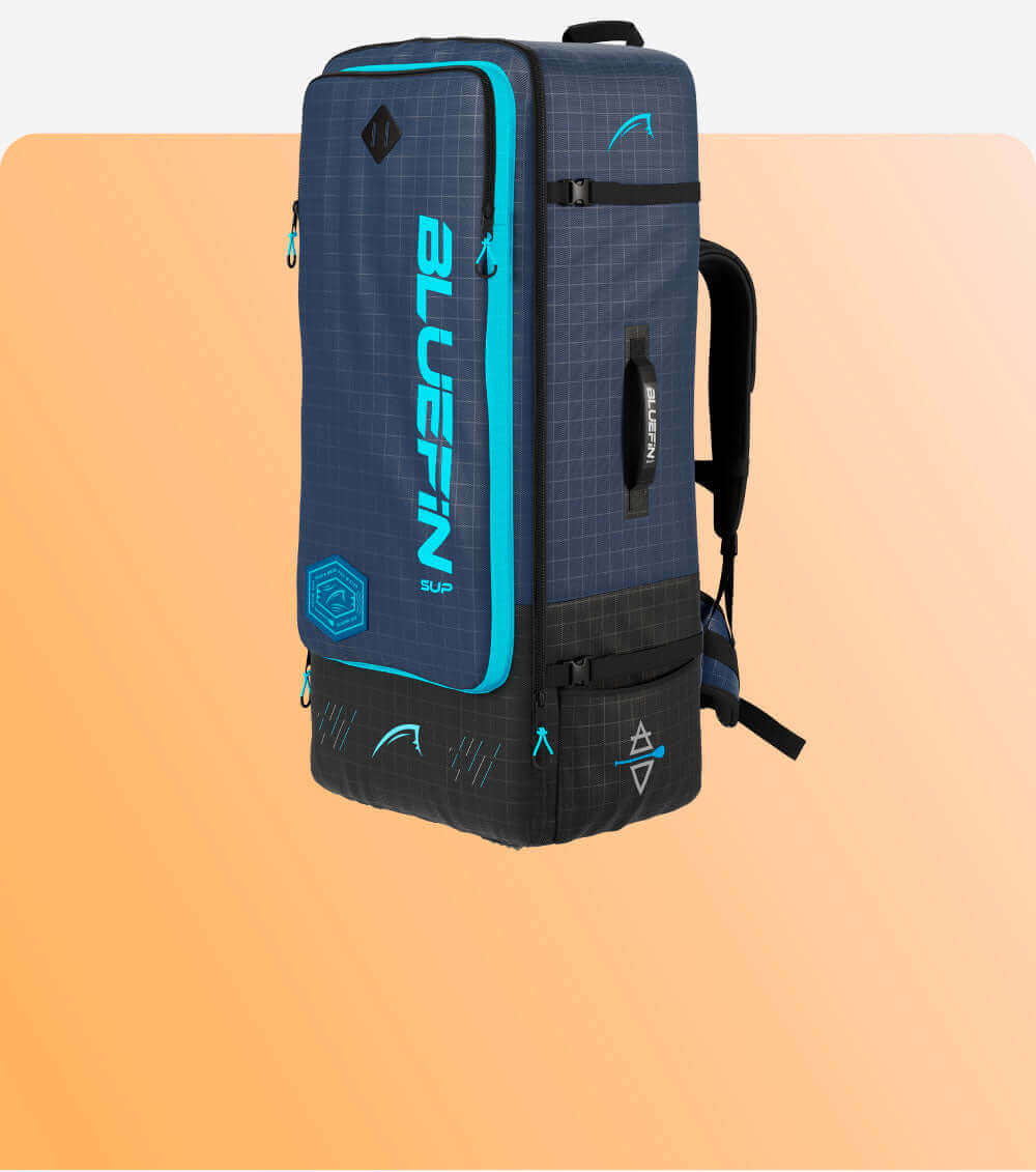 Bluefin SUP backpack in gray with blue accents, featuring adjustable straps and multiple compartments.