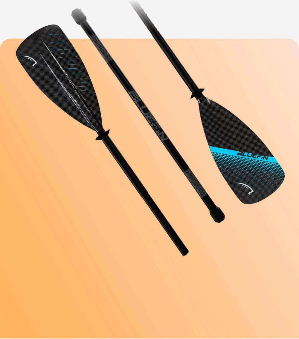 Black paddle with textured blade, blue accents, and adjustable shaft on an orange background