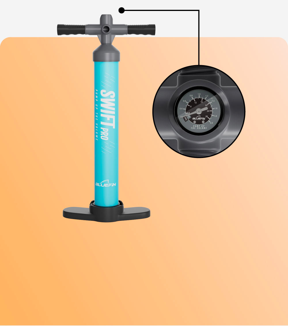 Bluefin SWIFT Pro hand pump in teal with pressure gauge and black base for inflating paddleboards