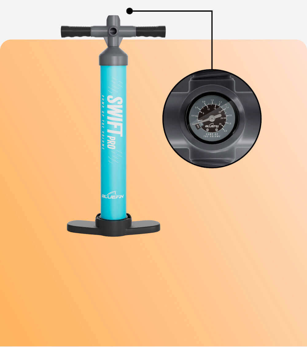 Bluefin SWIFT Pro hand pump in teal with pressure gauge and black base for inflating paddleboards