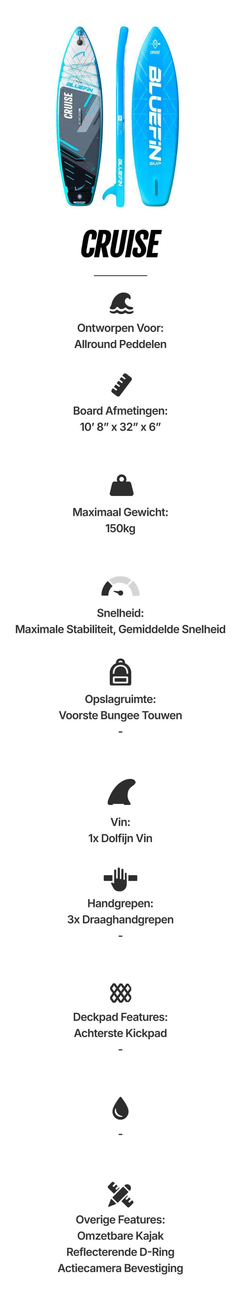 Inflatable paddleboard in blue with center fin, textured deck pad, and bungee storage area