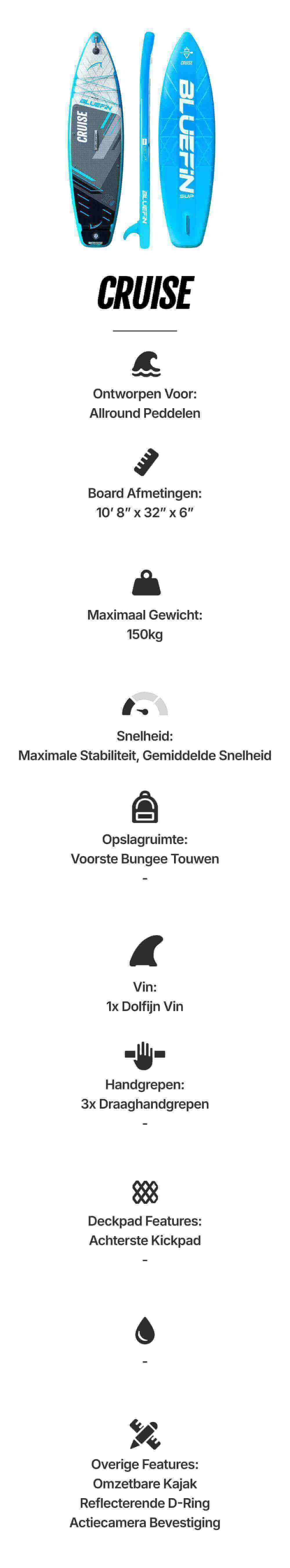 Inflatable paddleboard in blue with center fin, textured deck pad, and bungee storage area