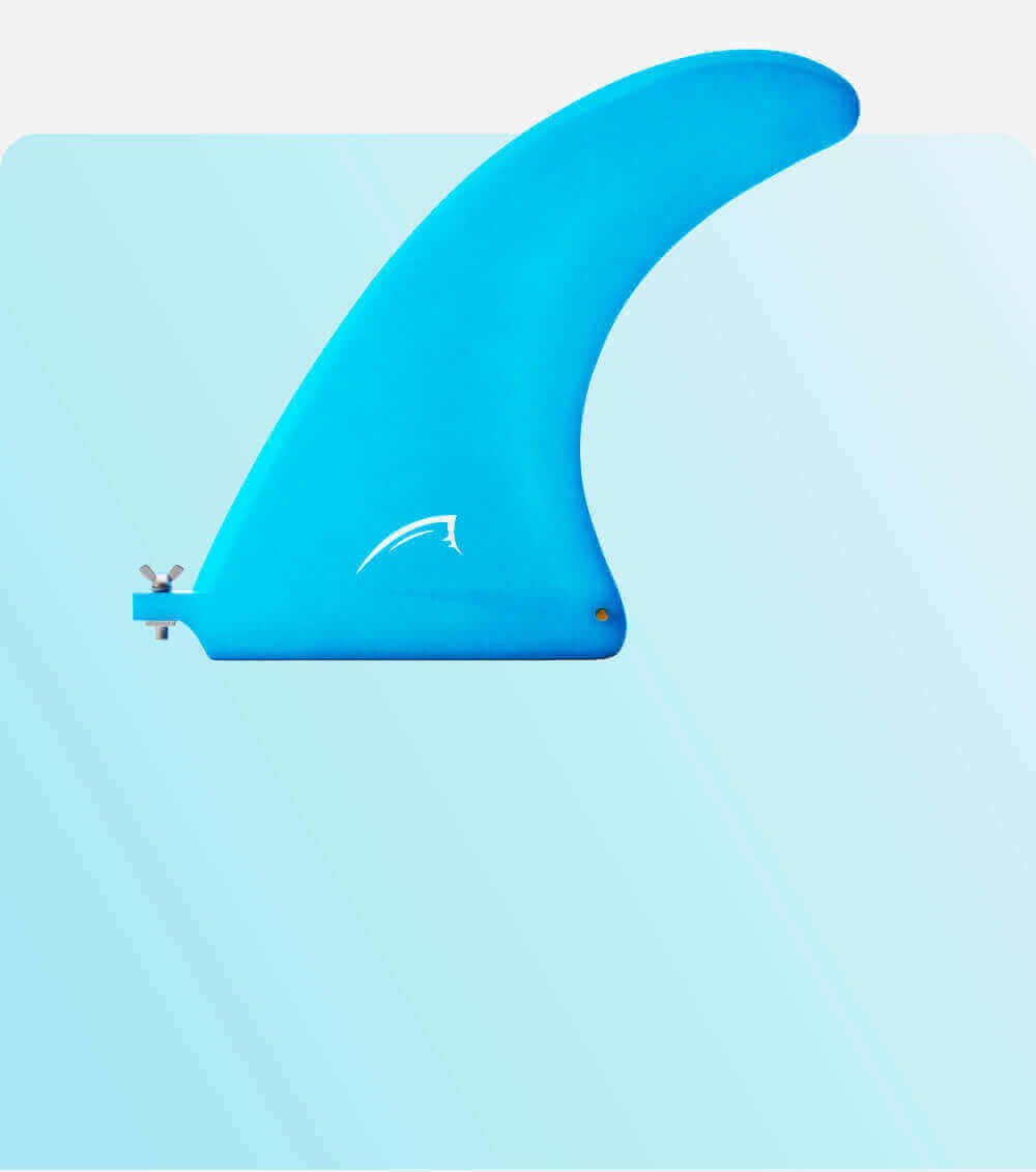 Blue fin for paddleboard with a curved design and attachment screw on the side