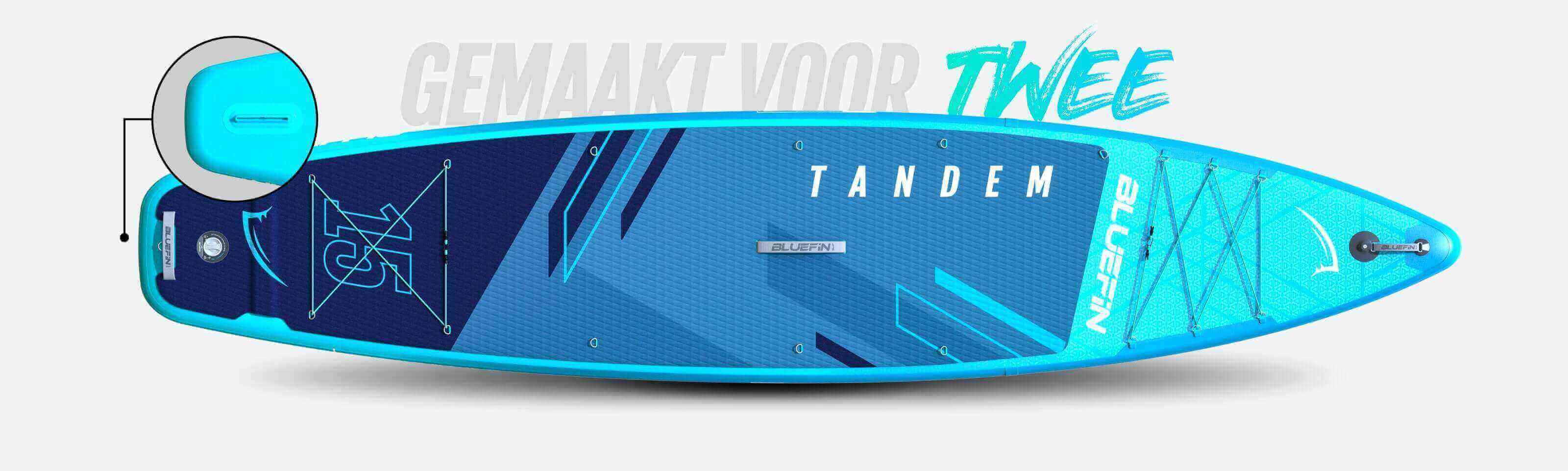 Inflatable tandem paddleboard in blue and turquoise with textured deck and central fin