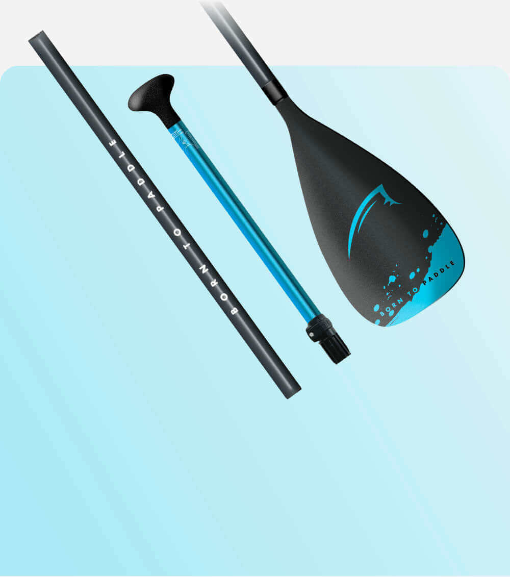 Paddle with a black blade, blue shaft, and black handle, arranged on a light blue background.