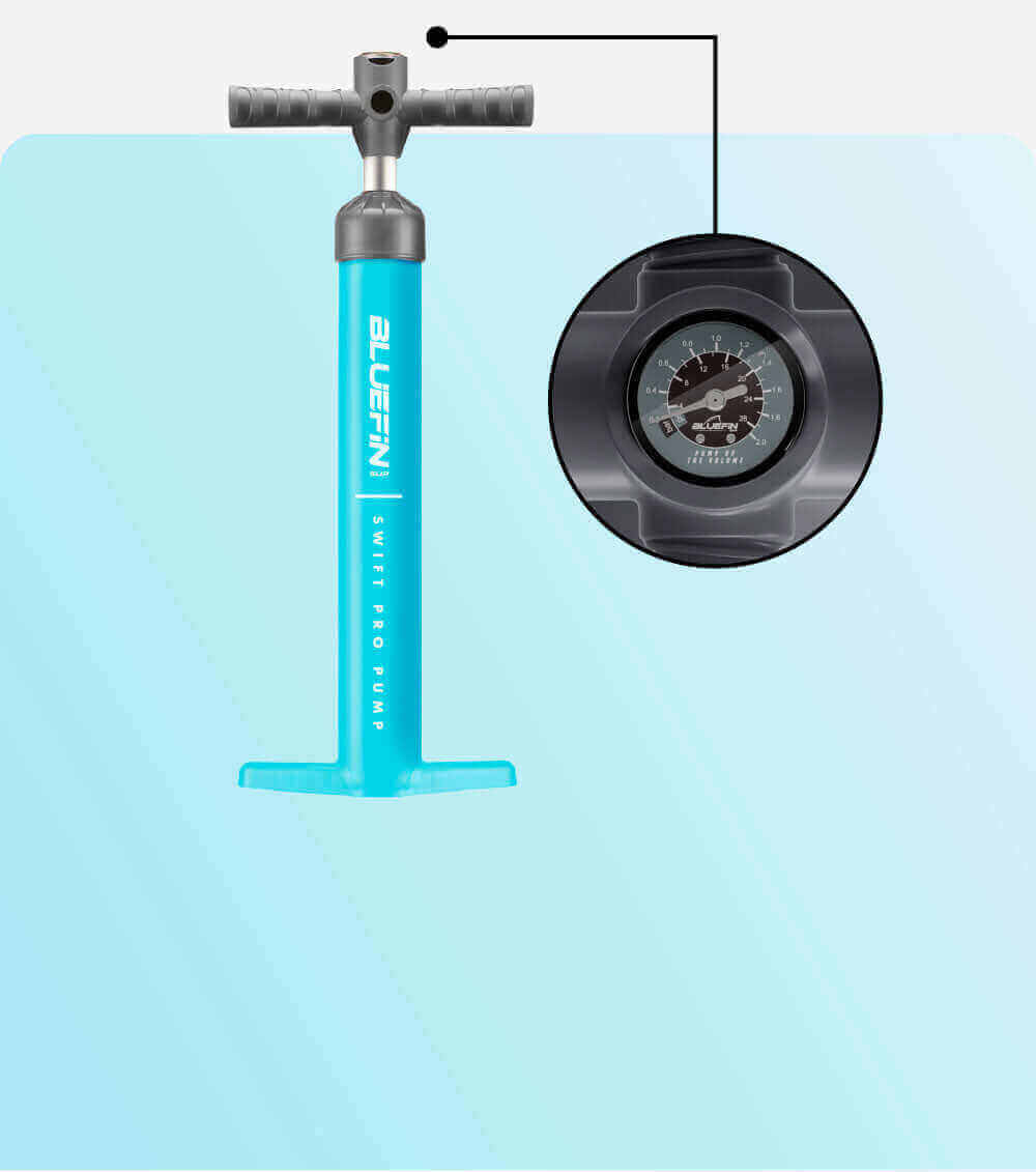 Bluefin Swift Pro Pump in turquoise with a pressure gauge on top for inflating paddleboards.