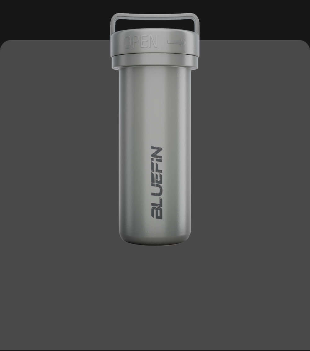 Gray waterproof container with a lid labeled 'OPEN' and 'BLUEFIN' logo on the side