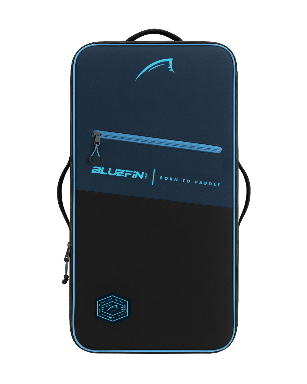 Bluefin SUP bag with blue and black design, front zip pocket, and logo on top.