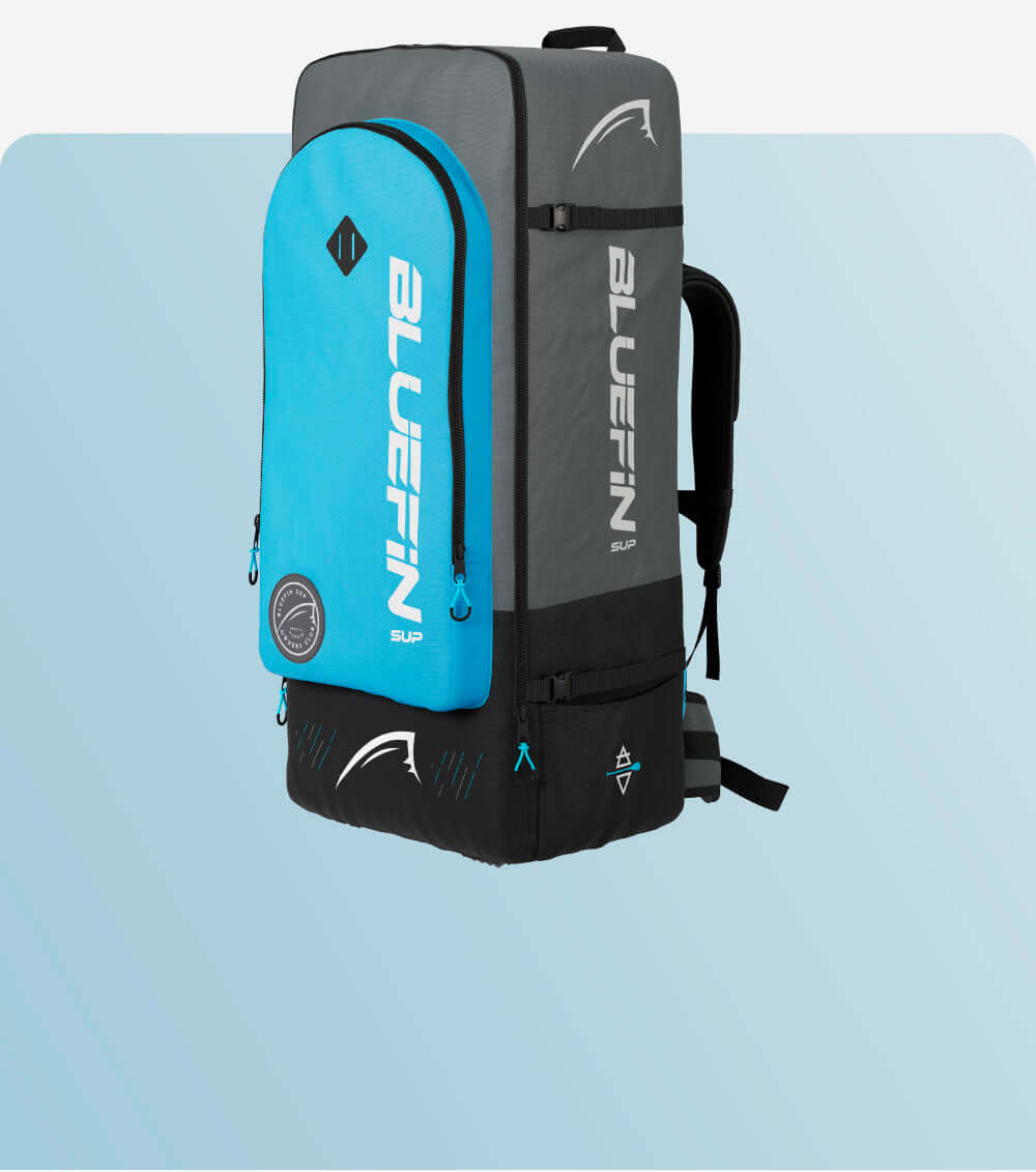 Bluefin SUP backpack in gray and blue with front pocket and adjustable straps for carrying gear