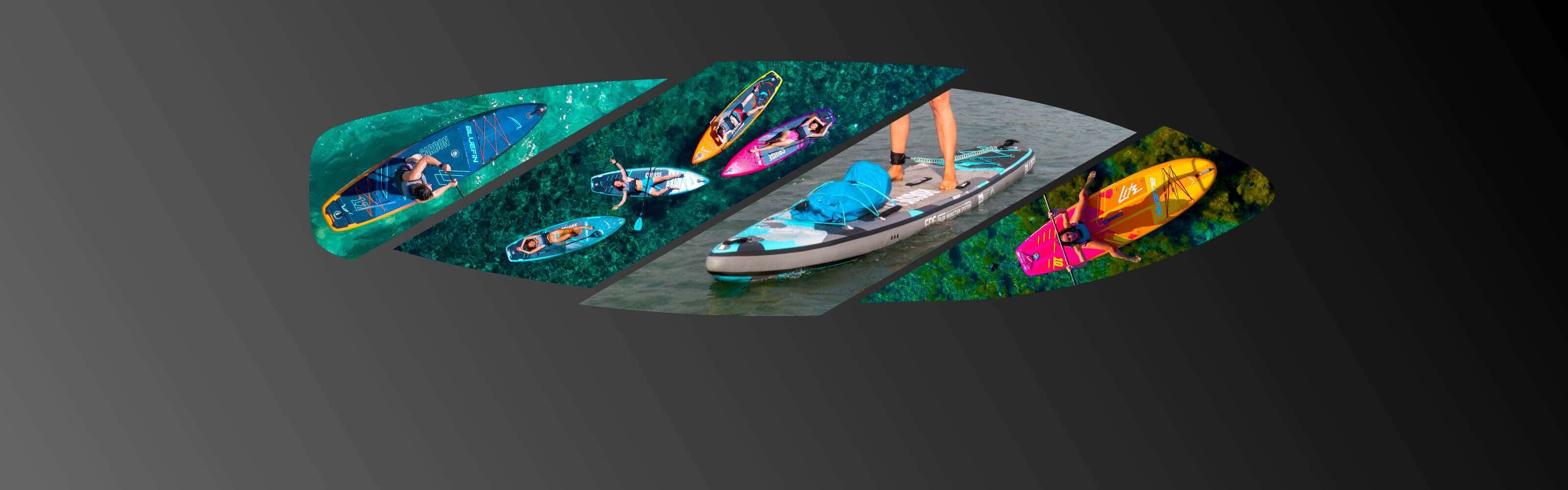 Collage of paddleboards in water, showcasing various colors and designs with paddlers.