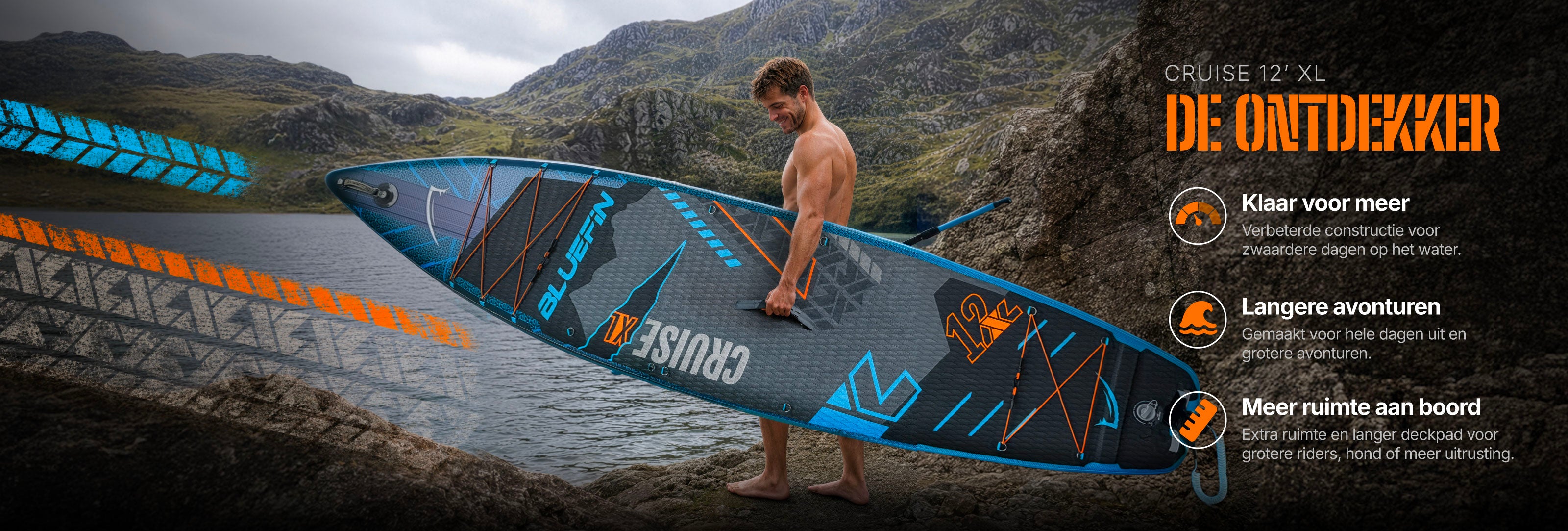 Inflatable 12' XL paddleboard with textured surface, blue and orange accents, held by a man near water
