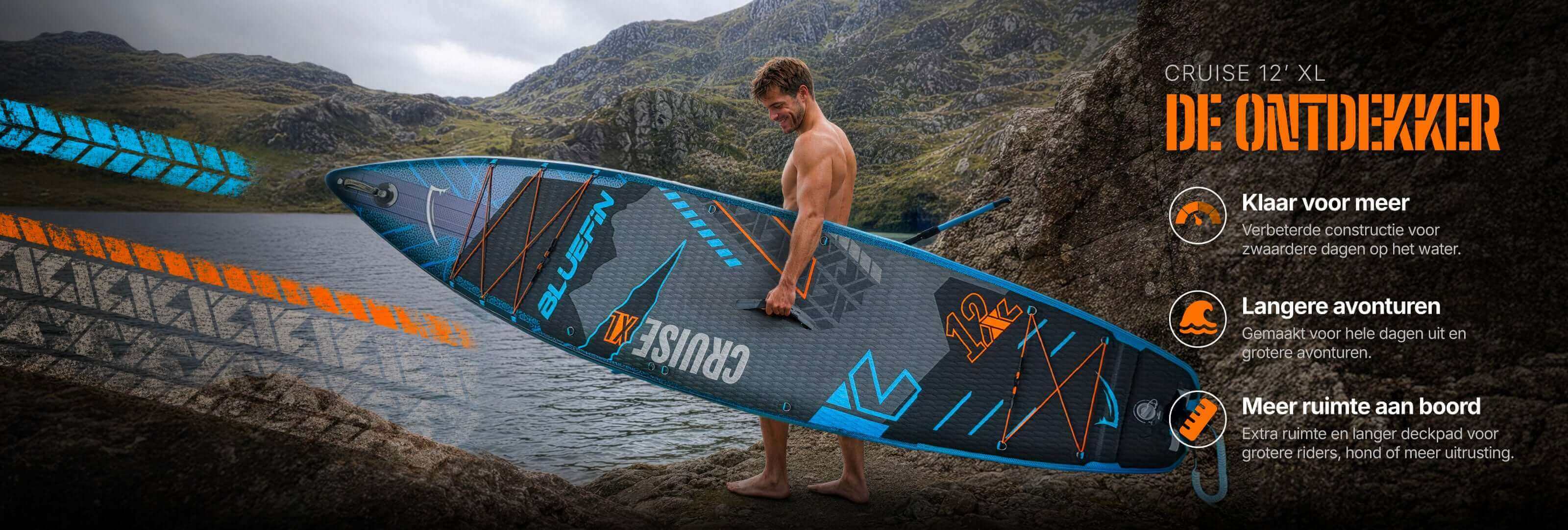 Opblaasbaar 12' XL-paddleboard met structuur, blauwe en oranje accenten, vastgehouden door een man bij het water