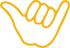 Yellow outline of a hand making the shaka sign, symbolizing friendship and aloha spirit