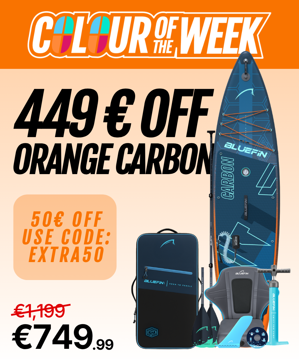 Inflatable orange carbon paddleboard with accessories, price drop and discount code displayed