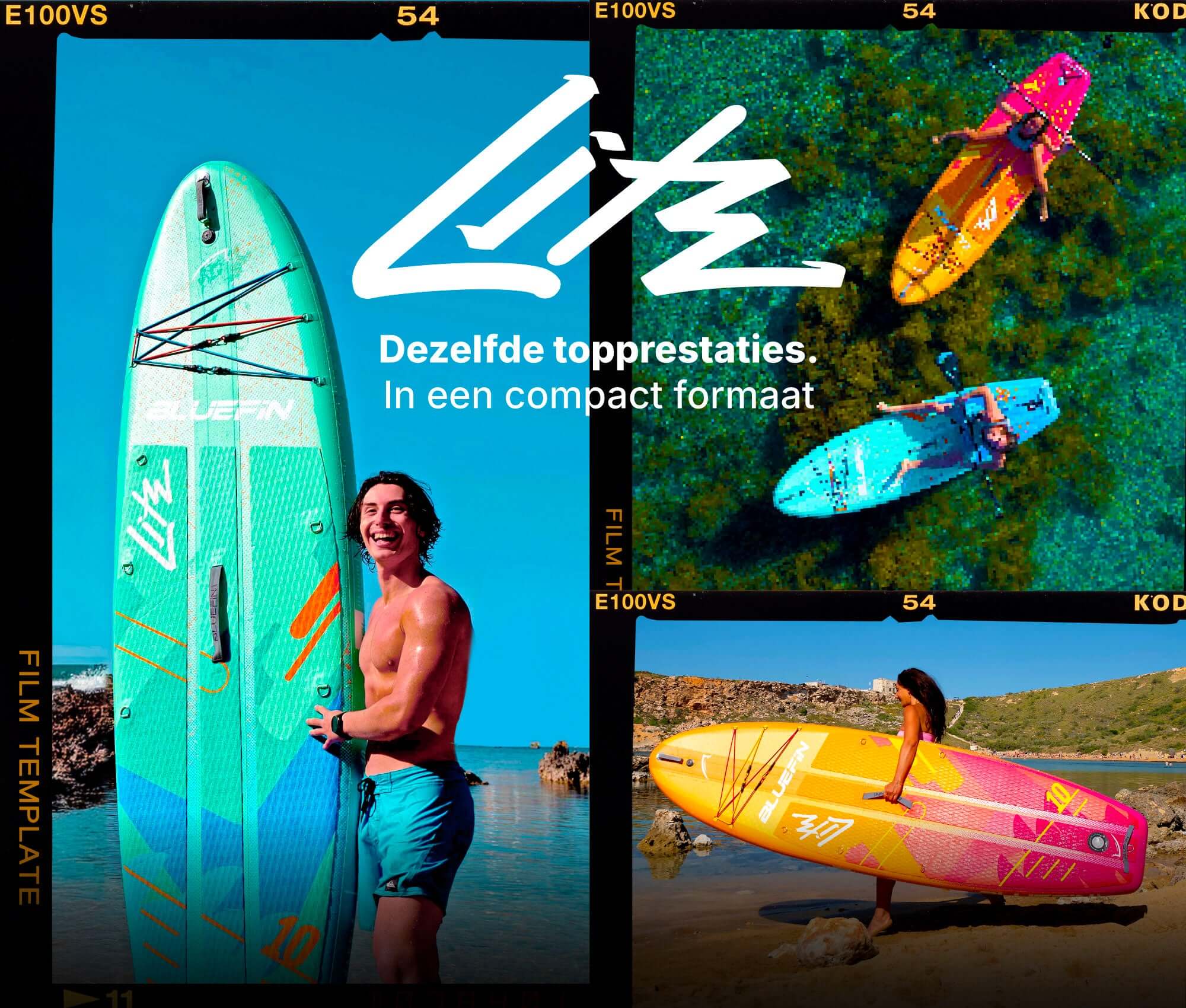 Three paddleboards: green with a man, pink and yellow with women paddling in water.