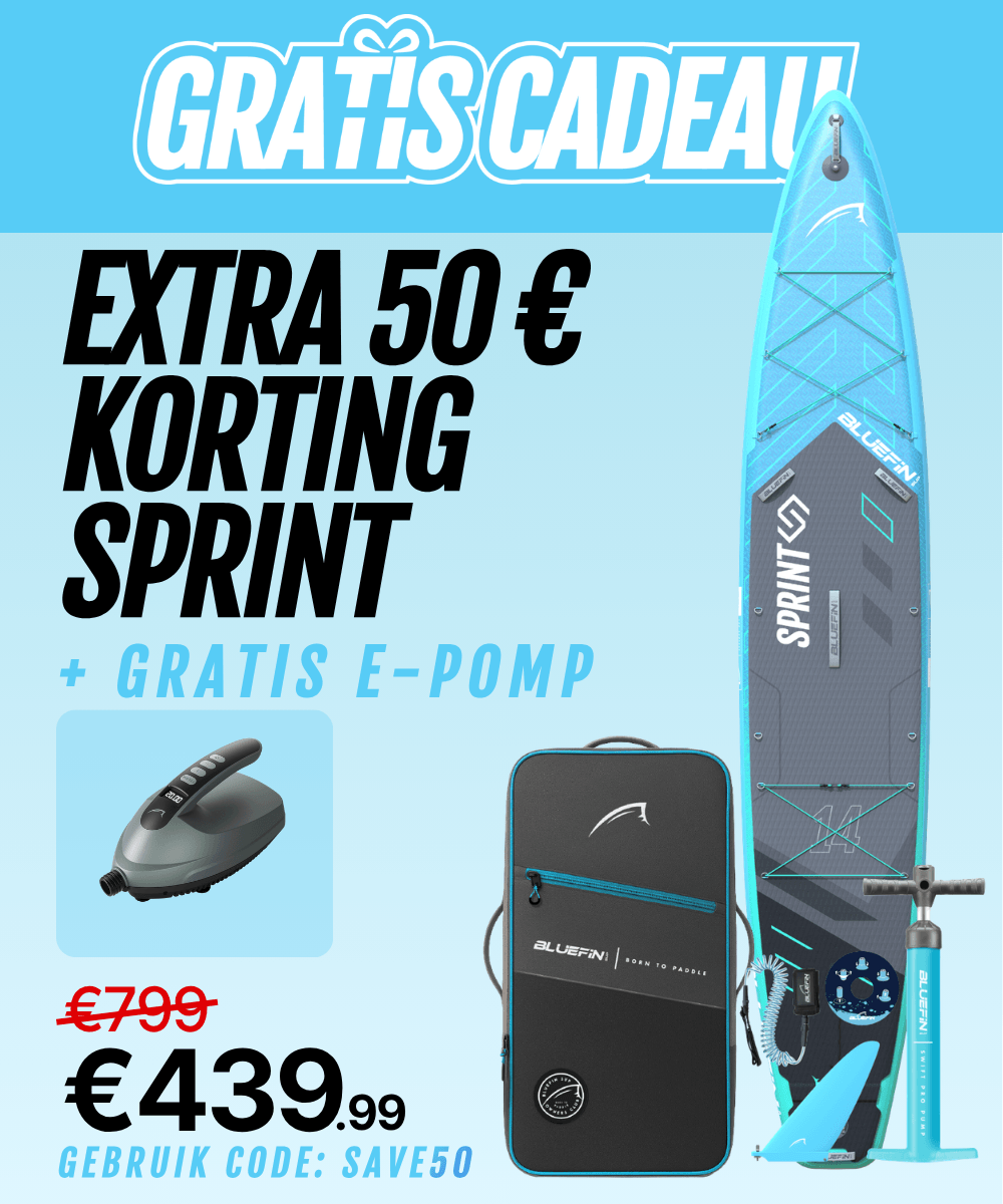 Bluefin SUP promotion featuring a paddleboard, pump, and backpack with a price discount and promo code.