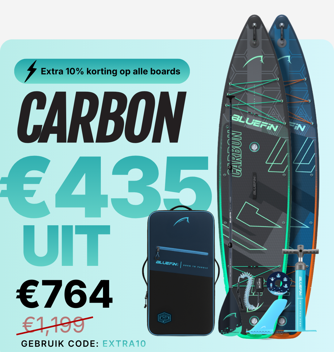 Two inflatable paddleboards with a carry bag, pump, and accessories, showing price and discount details.