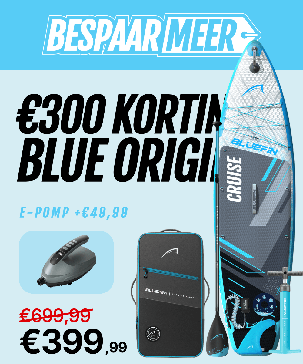 Bluefin Cruise paddleboard bundle with paddle, backpack, accessories and optional e-pump; €300 discount, now €399.99