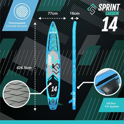 Opblaasbaar paddleboard met blauw en grijs ontwerp, 426,5 cm lang, 77 cm breed, 16 cm dik, US Box vin systeem